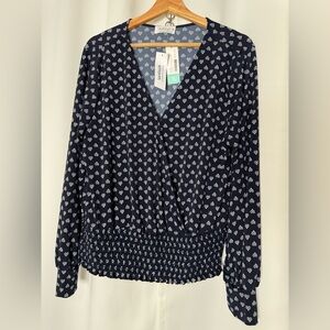 Kaileigh Women’s Faux Wrap Navy Patterned Blouse XL
